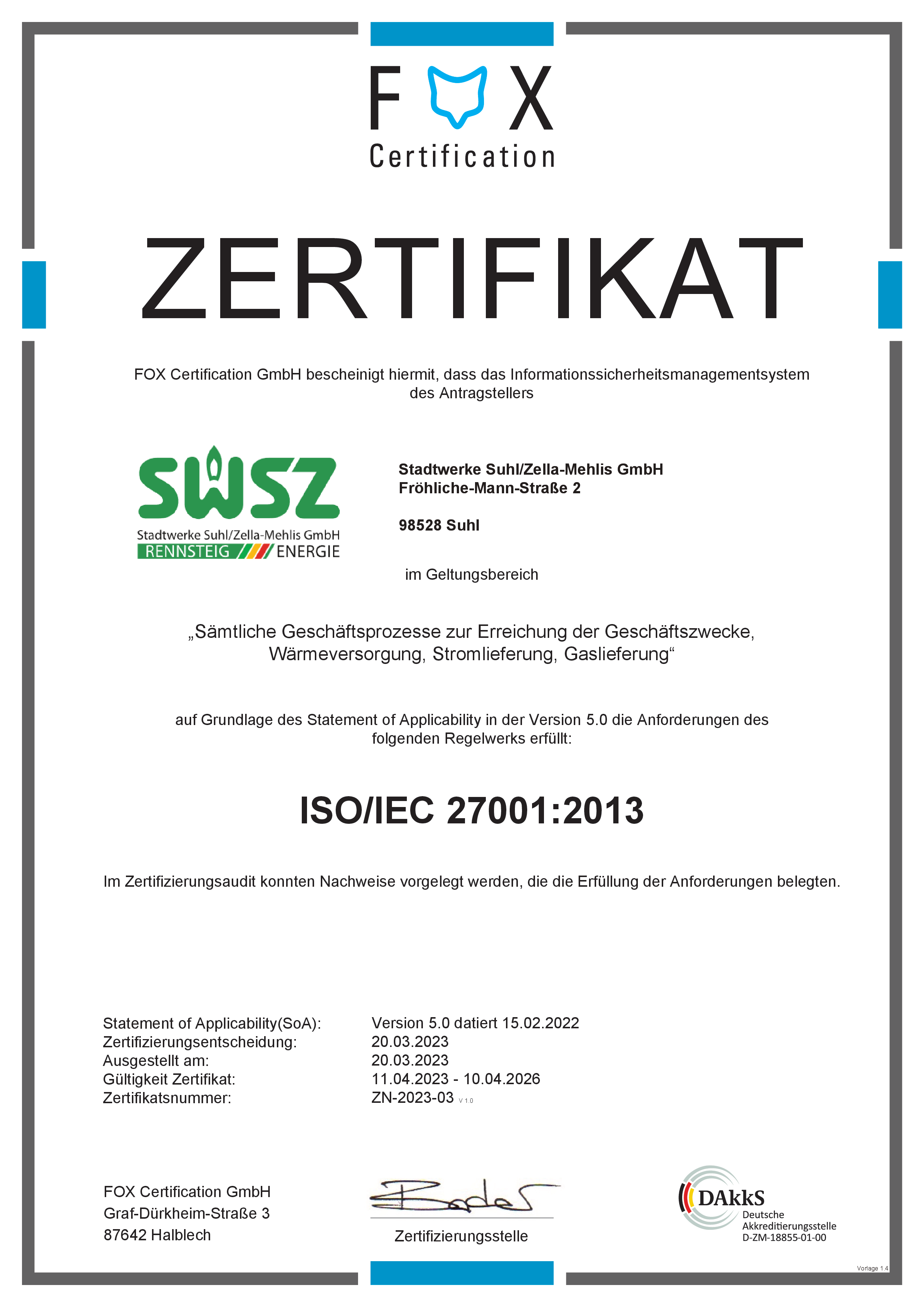 Urkunde SWSZ 27001
